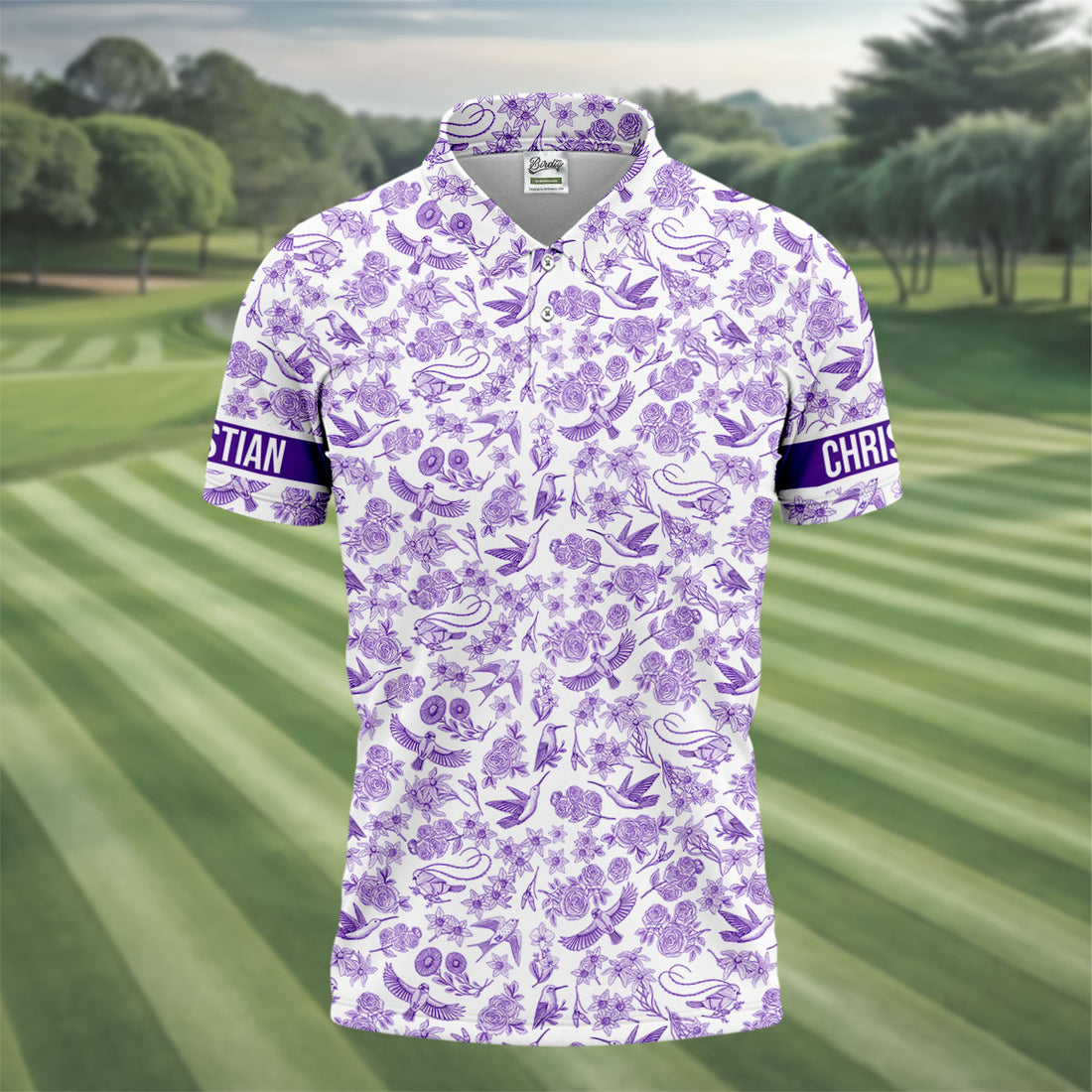 Custom Name Toile de Jouy Birds And Flowers Purple And White Polo Shirts For Men, Golf Gift For Men