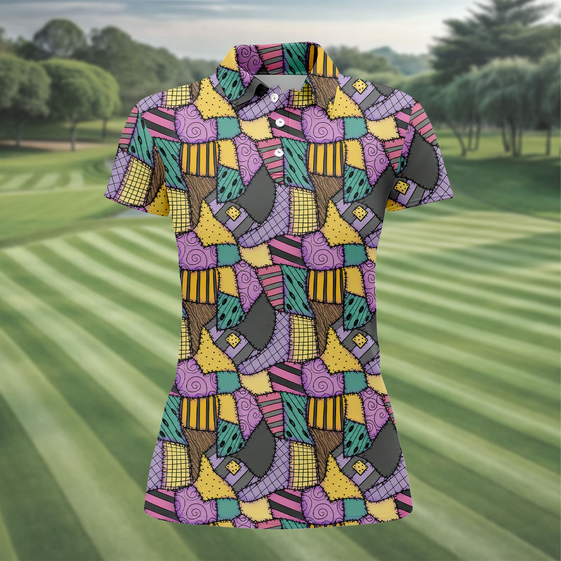 Halloween Patchwork Pattern Golf Polo Shirt, Women's Golf Tops, Golf Polo For Women