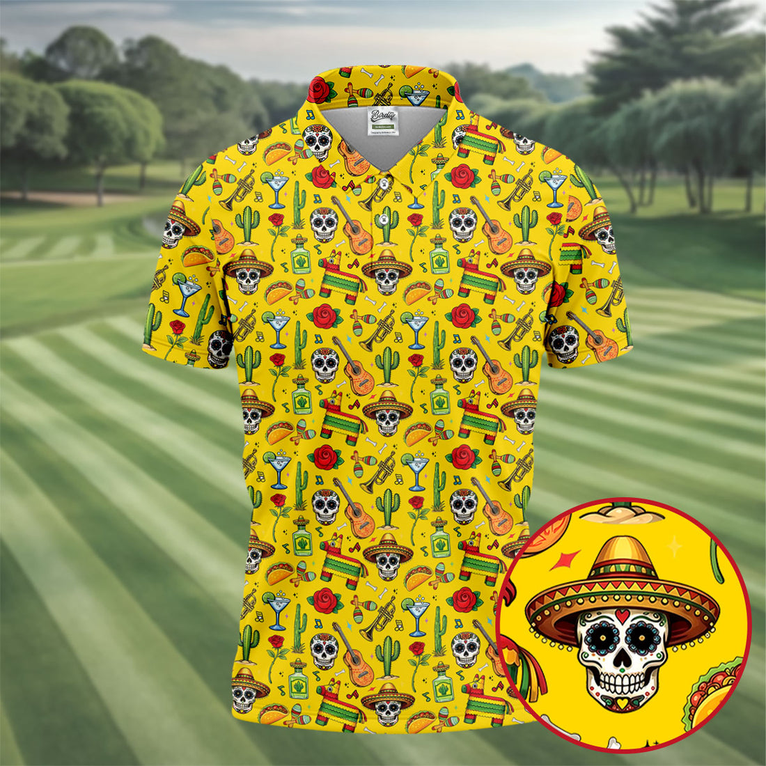 Decorated Skulls Party Items Cinco De Mayo Celebration Fiesta Themed Yellow Golf Shirts For Men