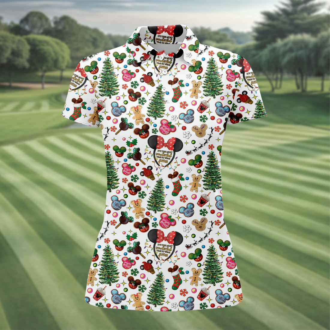 Christmas Cute Pattern Women Golf Top, Cartoon Print Ladies Golf Polos, Christmas Golf Shirt, Golfing Apparel
