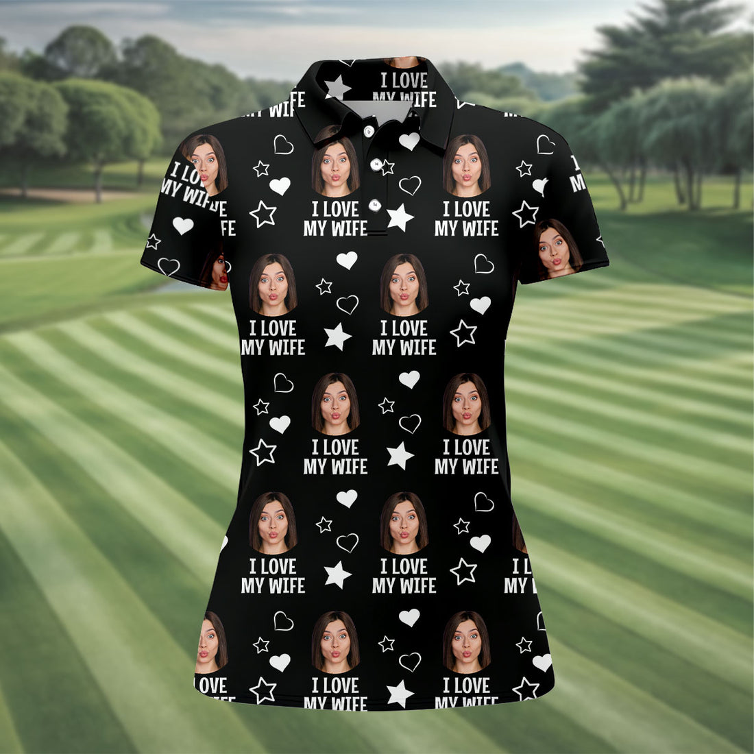 I Love My Husband Custom Face Black Golf Shirt, Fun Women's Golf Shirts, Valentines Golf Gift, Ladies Golf Shirts