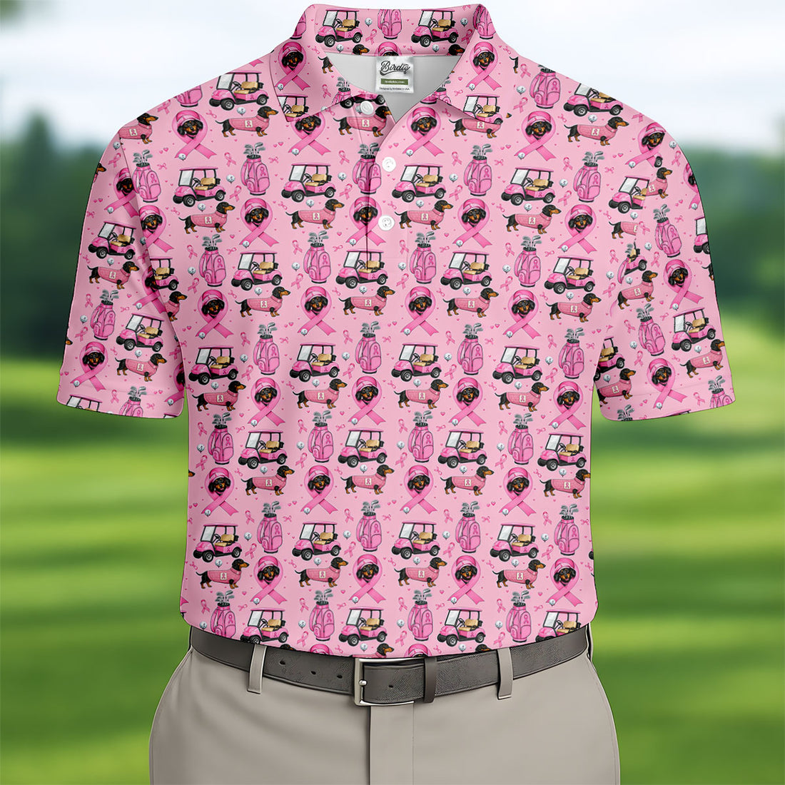 Cute Dog Golf Cart Breast Cancer Ribbon Polo Shirt, Men's Golf Shirt, Mens Golf Apparel