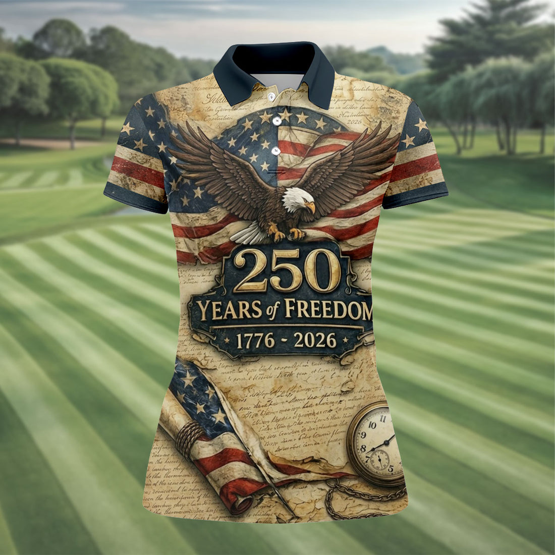 250 Years Of Freedom US Bald Eagle Retro Golf Shirt, Patriotic 4th Of July Golf Shirt For Women