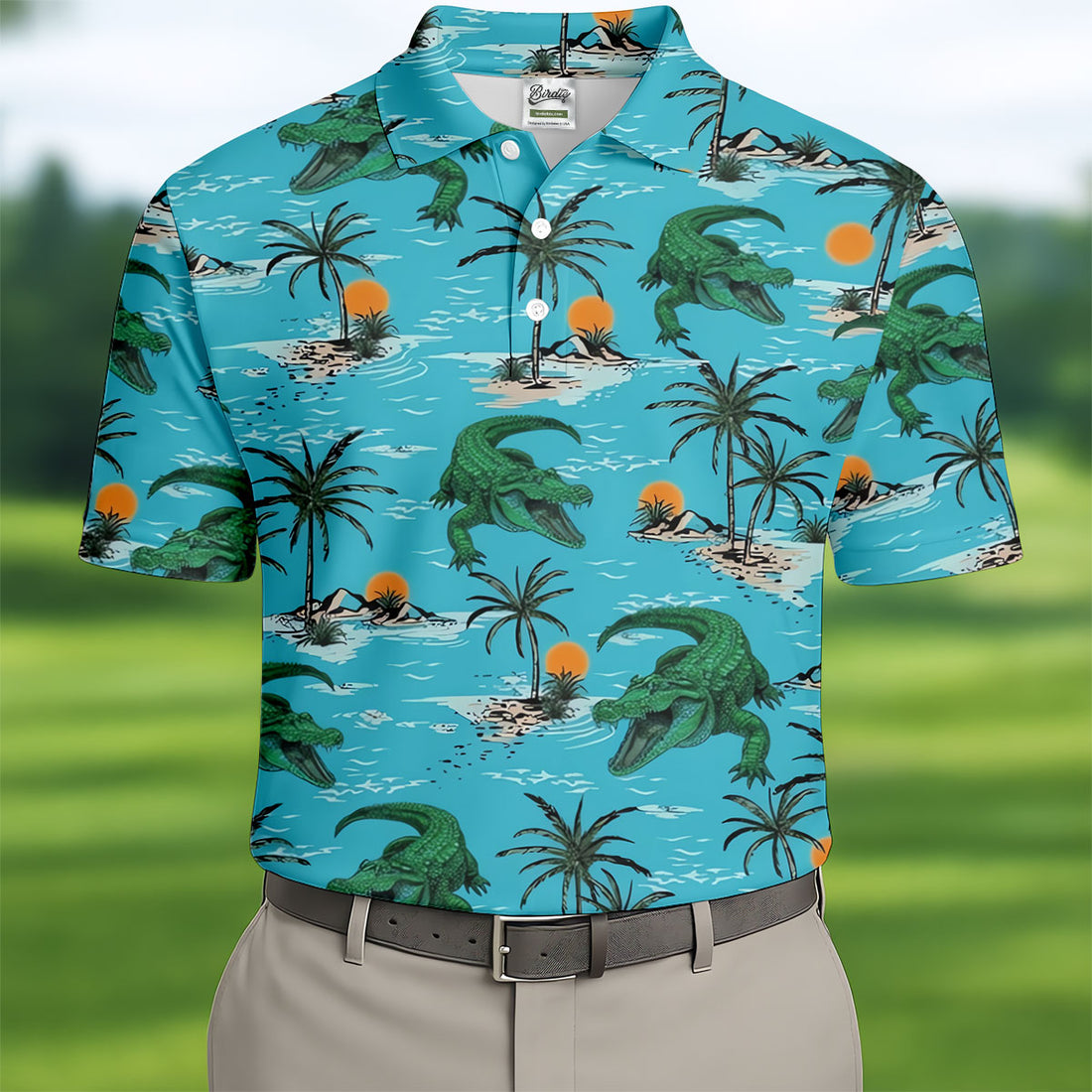 Tropical Alligators on Island Beaches Design Hawaiian Golf Polo, Golf Tops For Men, Golfing Apparel