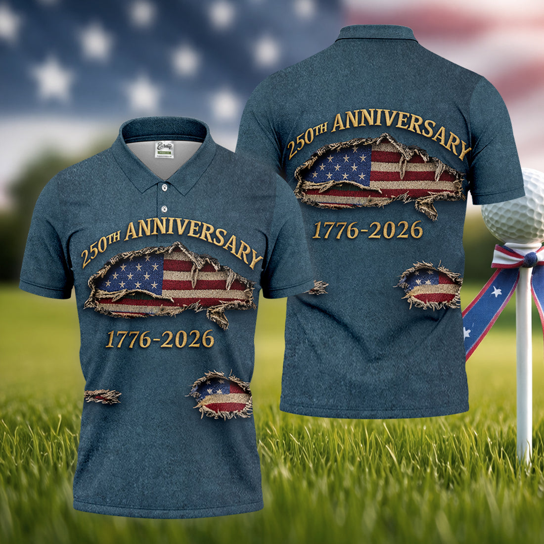 Patriotic American Flag 250th Anniversary Blue Denim Color Ripped Effect Golf Shirts For Men, Polo Shirts For Men