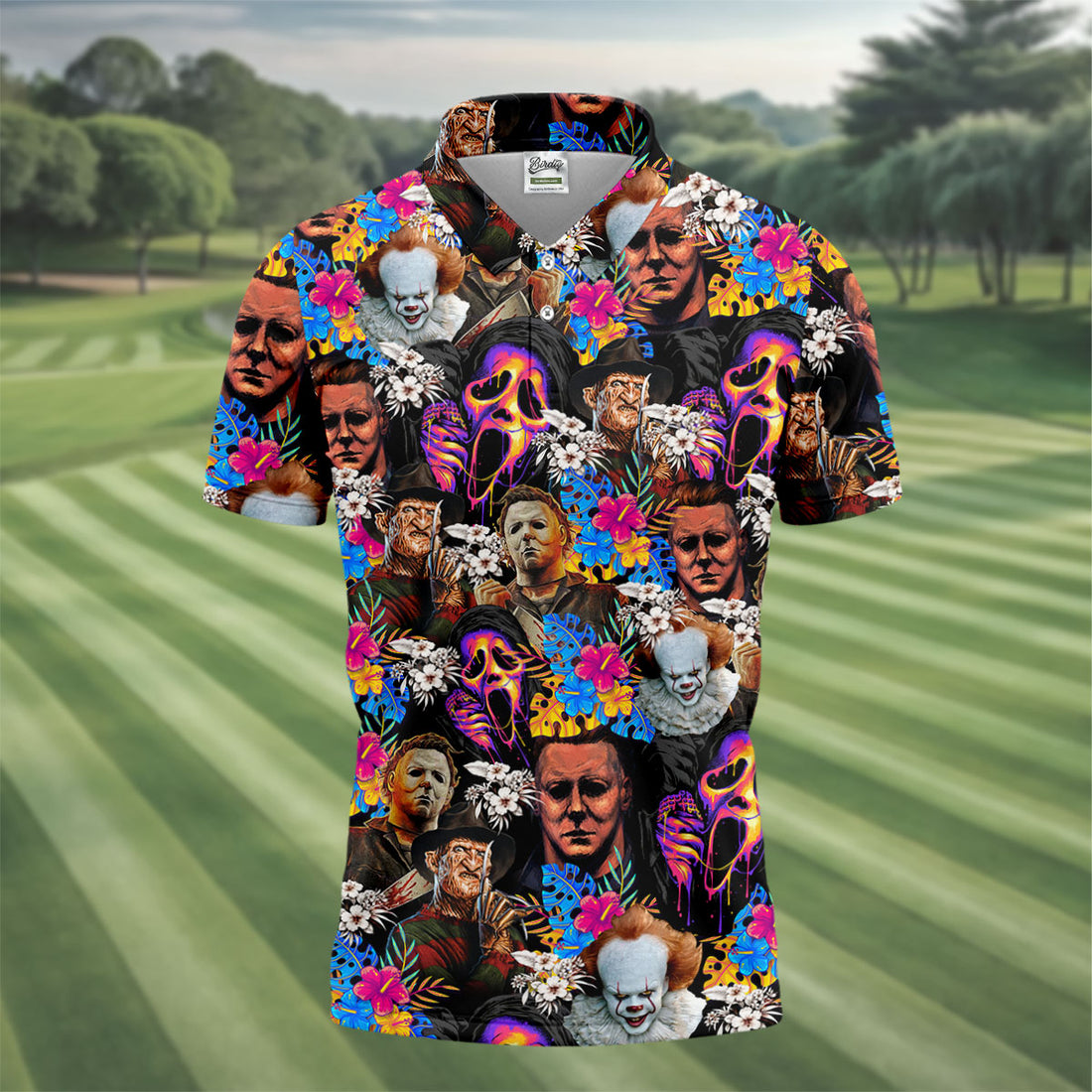 Tropical Horror Character Hawaiian Golf Shirt, Men's Golf Shirt, Halloween Golf Polo