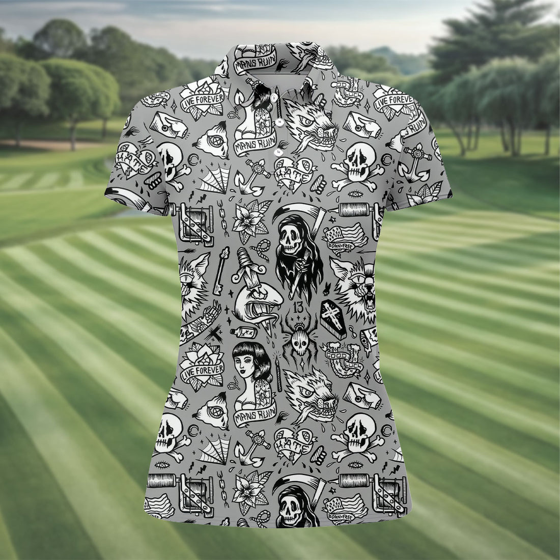 Mans Ruin Horror Theme Hawaiian Golf Shirt, Halloween Vibe Women's Golf Tops, Ladies Golf Shirts