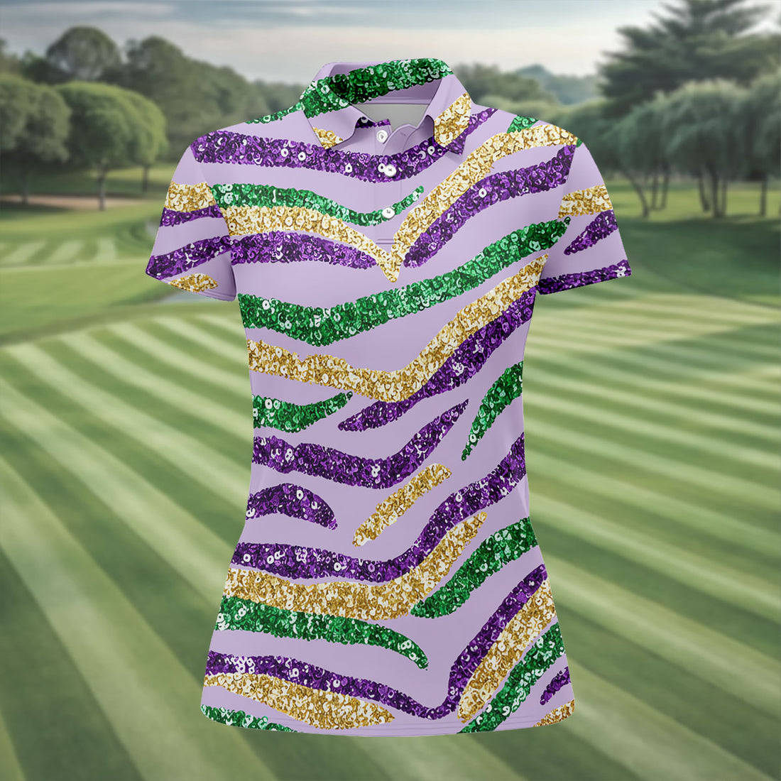 Purple Green Gold Sequin Pattern Light Purple Mardi Gras Golf Shirt, Women's Golf Tops, Ladies Golf Shirts