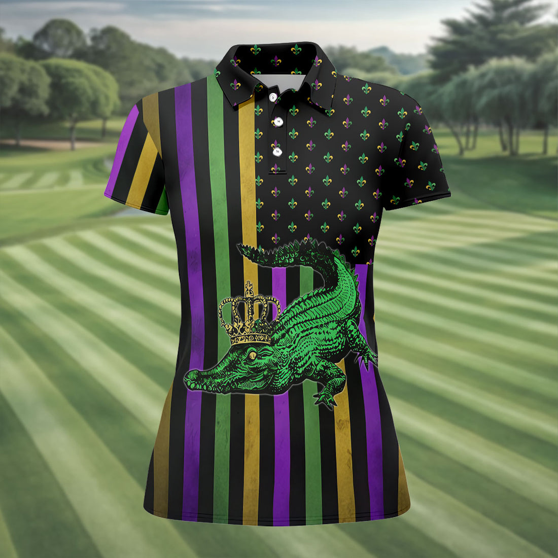 Mardi Gras Aligator Purple Green Gold Vertical Stripes Fleur De Lis Women's Golf Tops, Ladies Golf Shirt