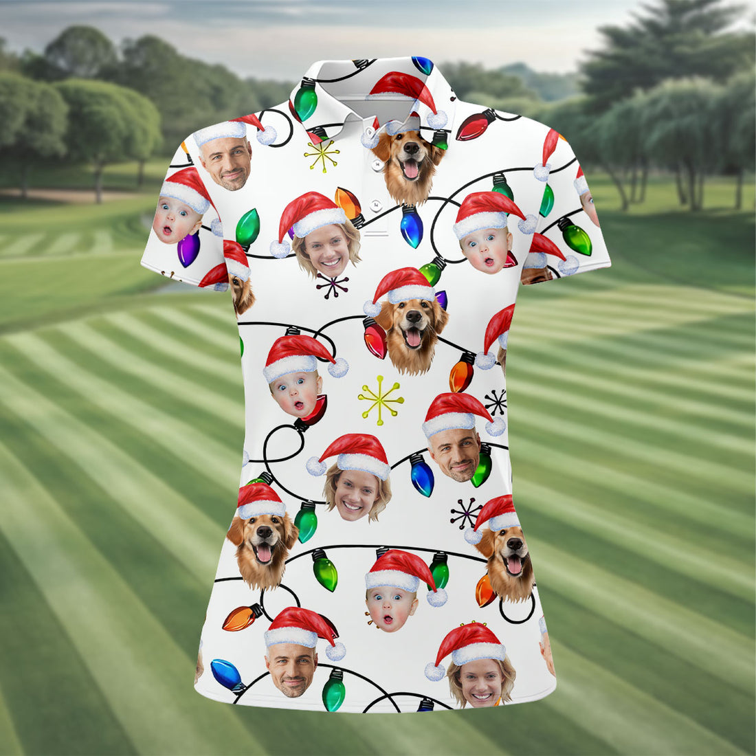 Custom Family Portrait Christmas Lights Pattern Women Golf Top, Christmas Golf Shirt, Ladies Golf Tops
