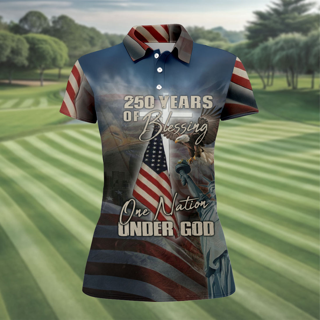America 250 Years of Blessing Woman's Polo Shirt, One Nation Under God Christian Golf Shirt, Patriotic Bald Eagle Liberty 4th of July Polo