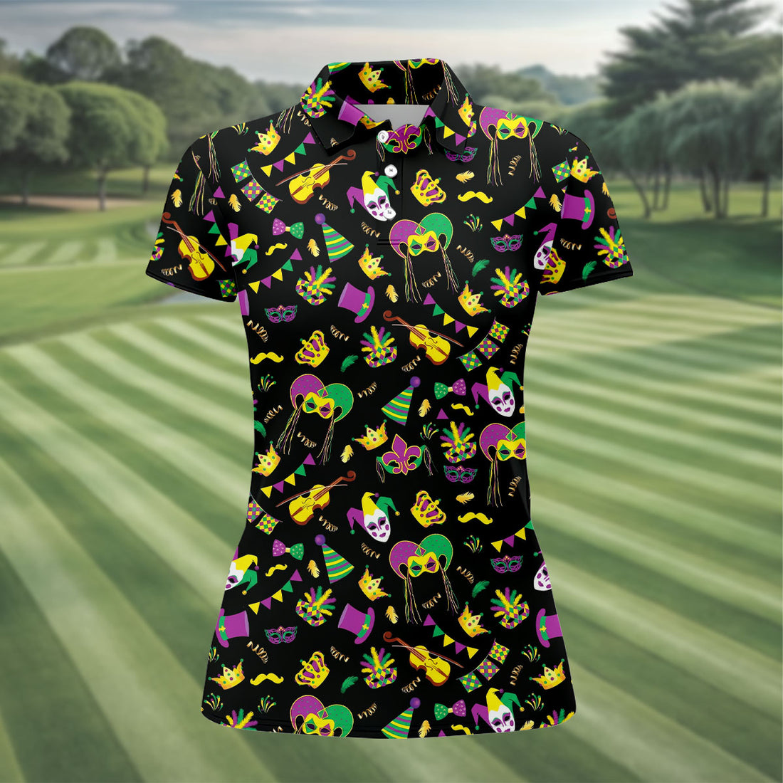 Festive Mask Purple Green Gold Mardi Gras Golf Shirt, Women's Golf Tops, Ladies Golf Polos