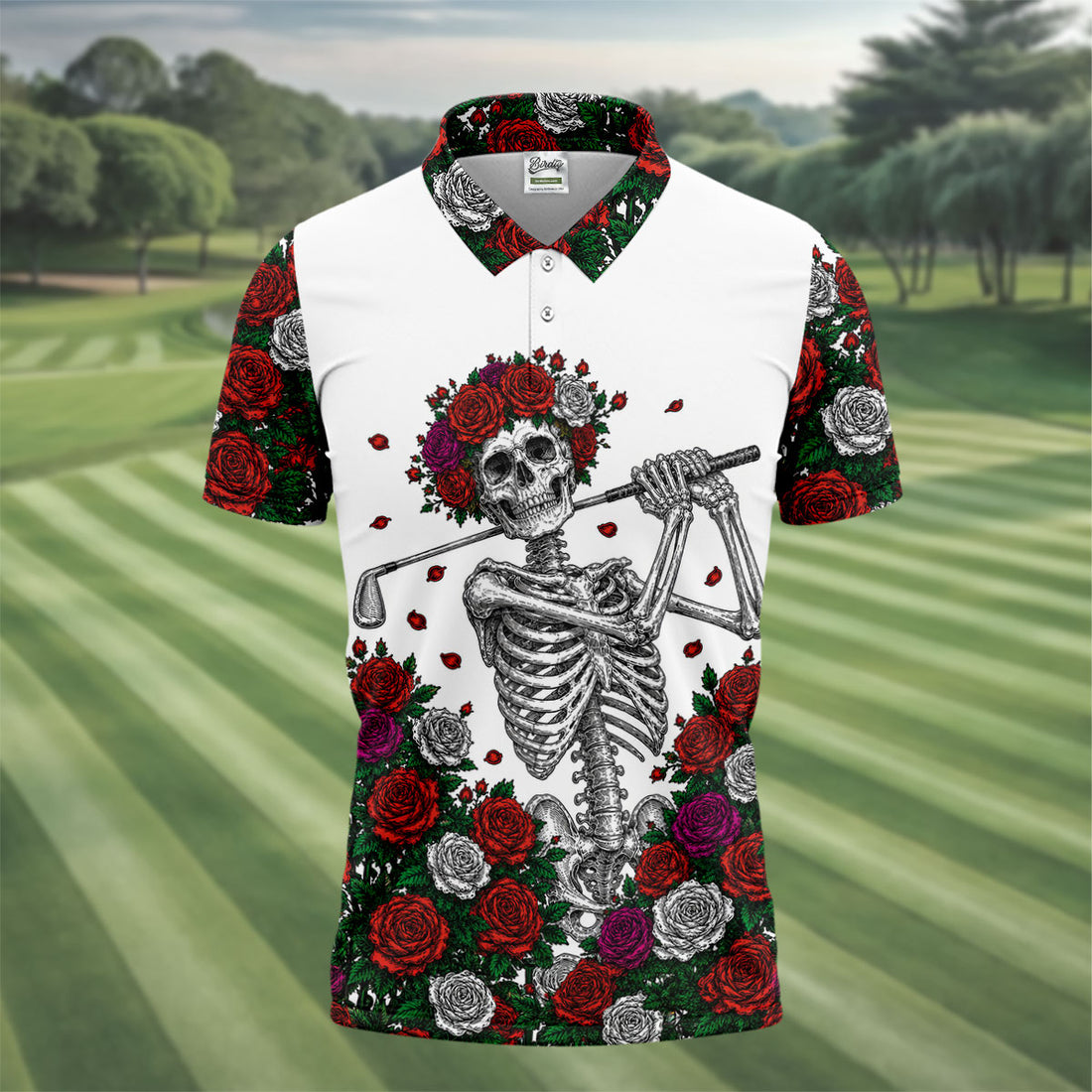 Rose Crown Skeleton Golfer Halloween Polo Shirt, Men's Golf Shirt, Printed Golf Shirts