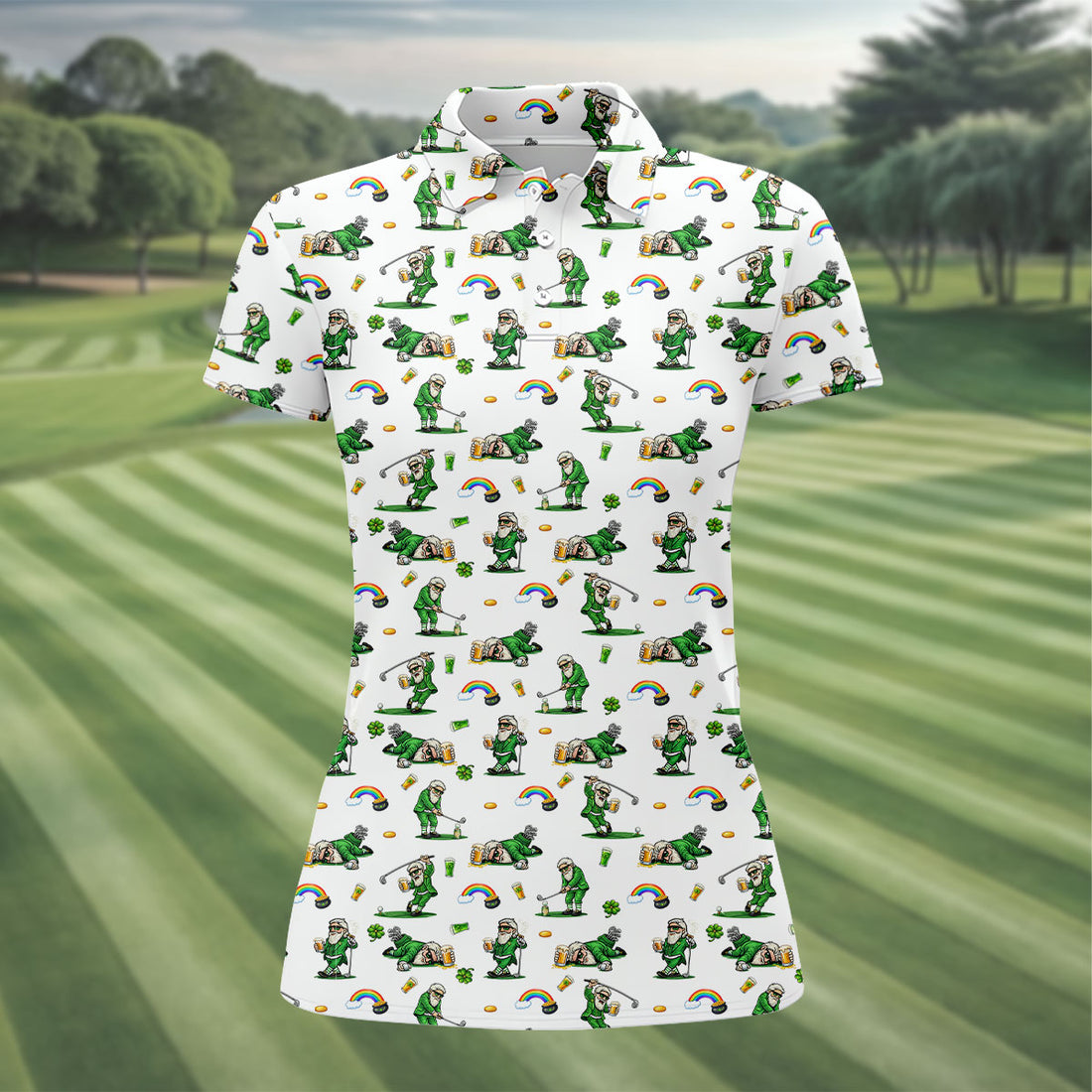 St Patrick's Day Leprechaun Character Golf And Beer White Golf Shirt, Fun Women's Golf Shirts, Ladies Golf Polos
