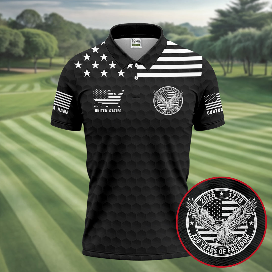 250 Years Of Freedom Golf Ball Pattern Black Golf Shirt, 4th Of July Patriotic Golf Shirts For Men