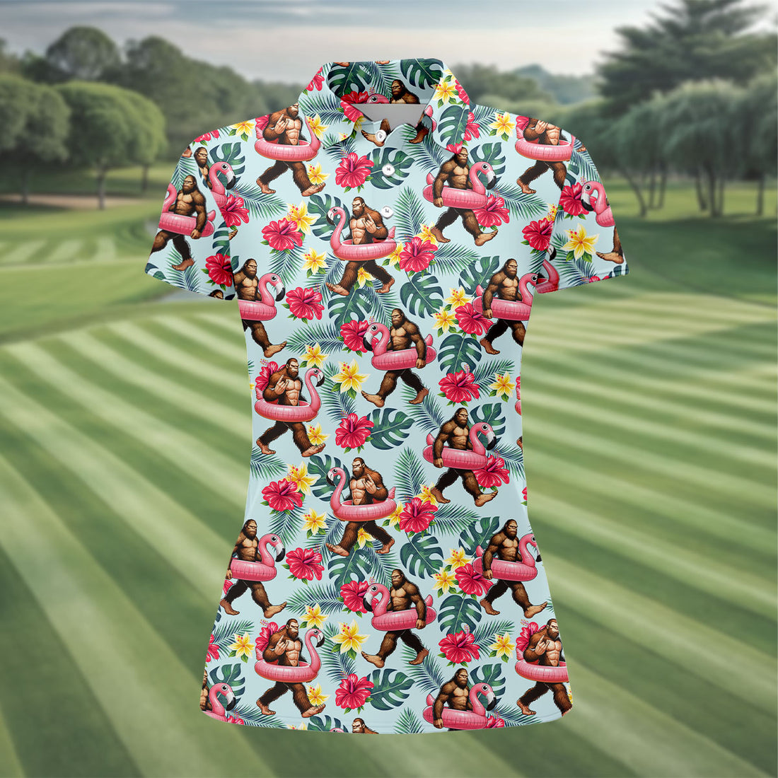 Ice Blue Bigfoot Flamingo Paradise Hawaiian Golf Shirt, Women's Golf Tops, Ladies Golf Shirts