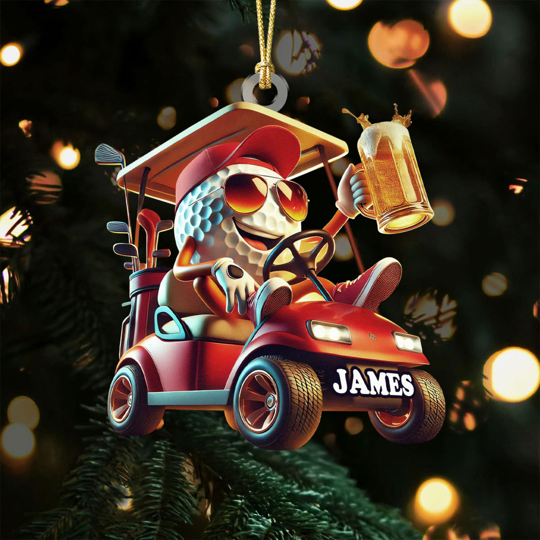 Cool Golf Ball Drinking Beer On Red Golf Cart Acrylic Ornament, Golf Xmas Ornaments, Golf Christmas Gifts