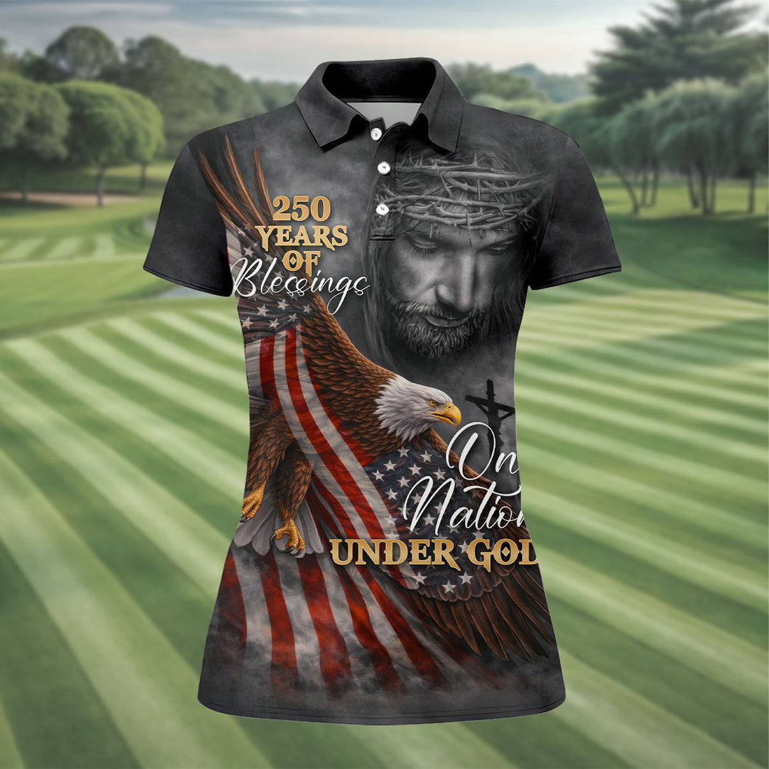 One Nation Under God Golf Shirt, Patriotic Christian Eagle Women's Polo Shirt, 250 Years Of Blessing USA Anniversary Apparel