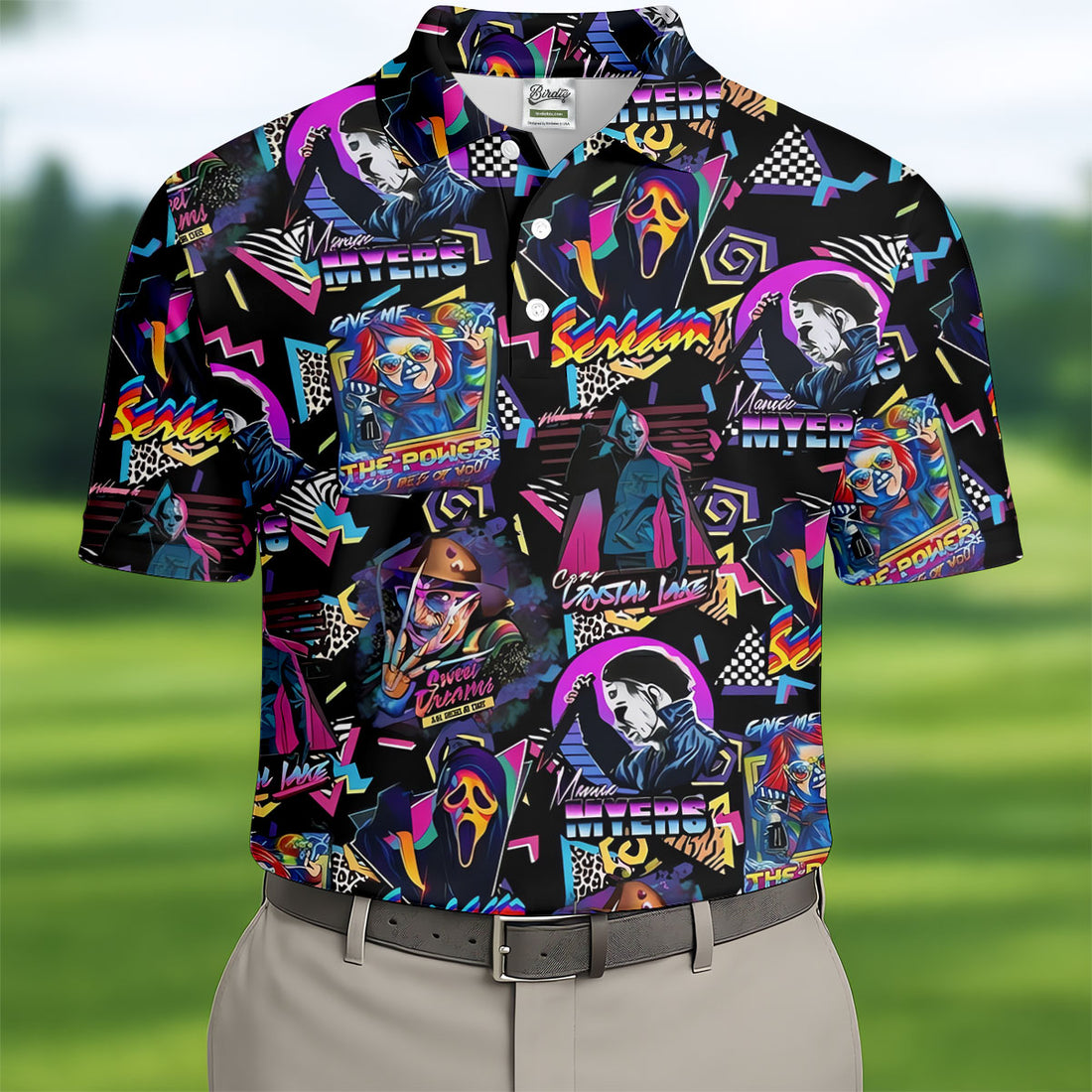 Retro Halloween Horror Character Hawaiian Golf Shirt, Men's Golf Shirt, Golf Polo Shirts For Men