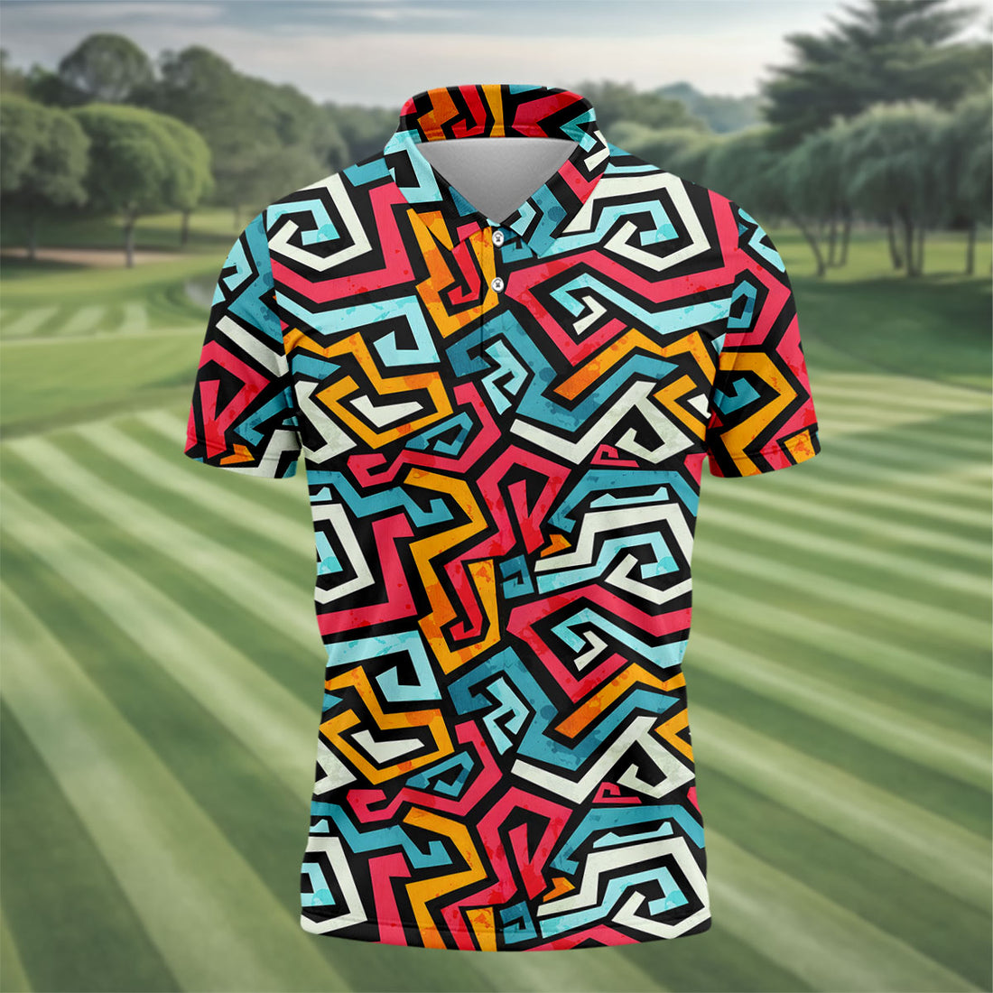 Colorful Geometric Grunge Effect Hawaiian Golf Shirt, Men's Golf Shirt, Polo Shirts For Men