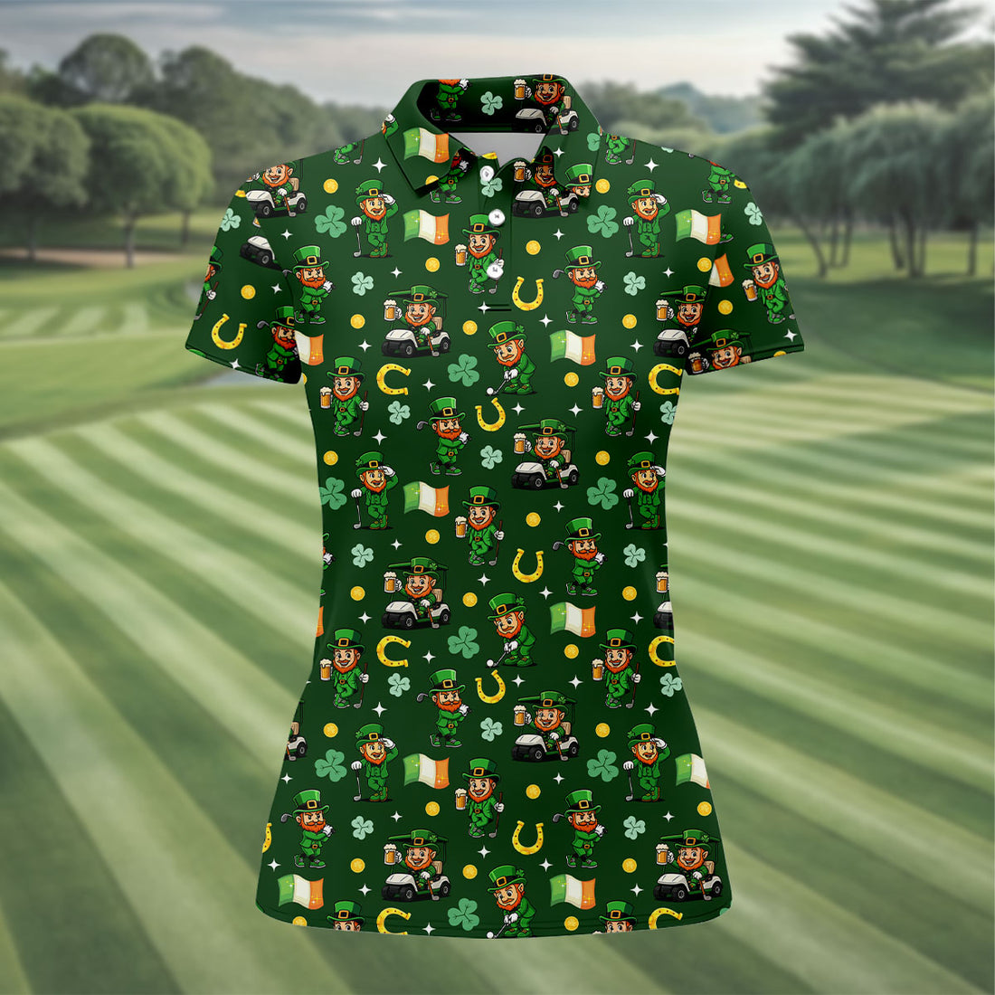 St Patrick's Day Leprechaun Golf Pose Irish Flags Shamrock Golf Shirt, Women's Golf Shirts, Ladies Golf Polos