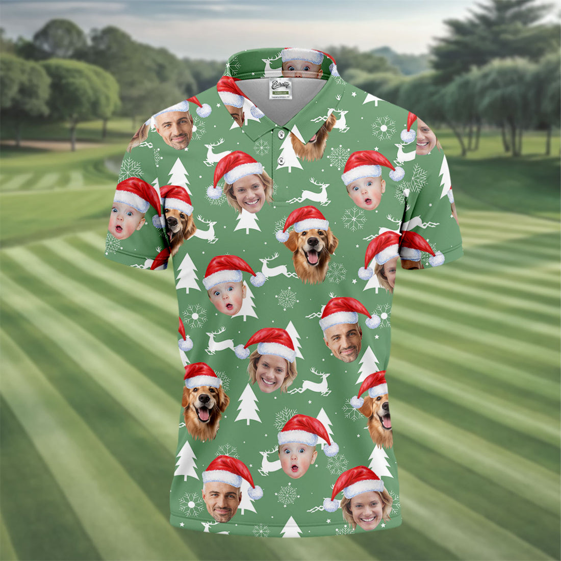 Custom Face Snow Reindeer Sage Green Golf Shirt, Christmas Golf Shirt, Golf Gift For Men, Golf Shirts For Men
