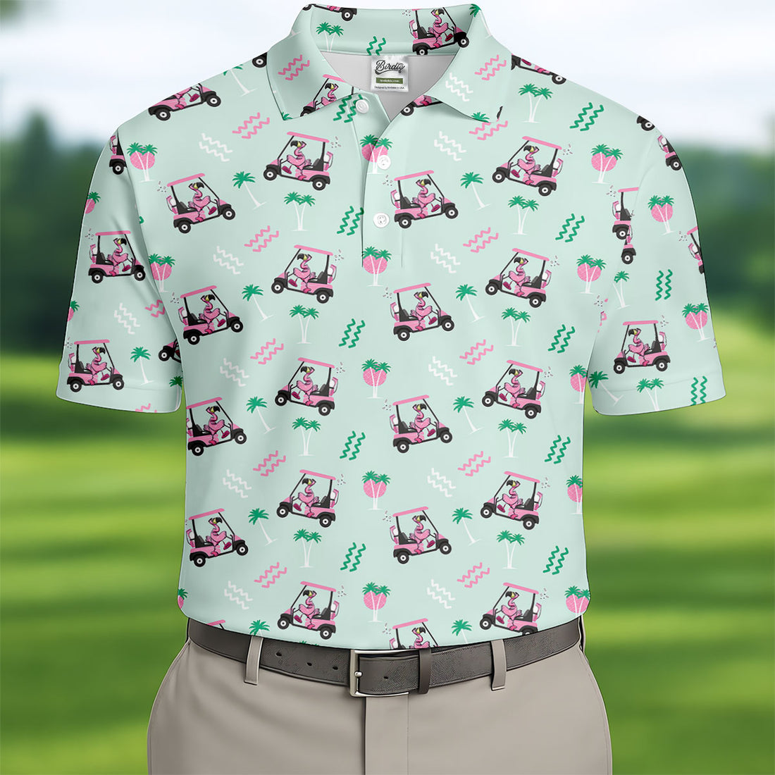 Funny Flamingo Golf Cart Tropical Pattern Polo Shirt, Mens Golf Polo, Golf Apparel For Men