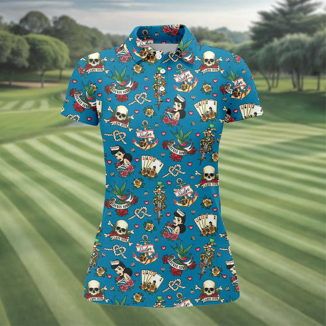 Tattoo Blue Sailor Tattoo Flash Pattern Hawaiian Golf Shirt, Women's Golf Tops, Ladies Golf Shirts