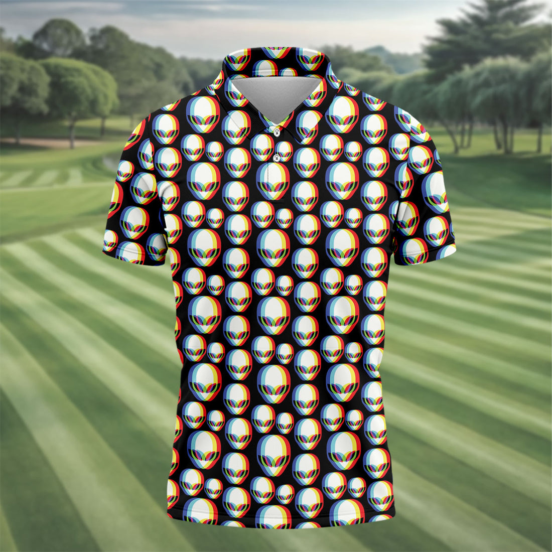Retro Alien Golf Shirt, Black UFO Pattern Men's Golf Polo, Polo Shirts For Men