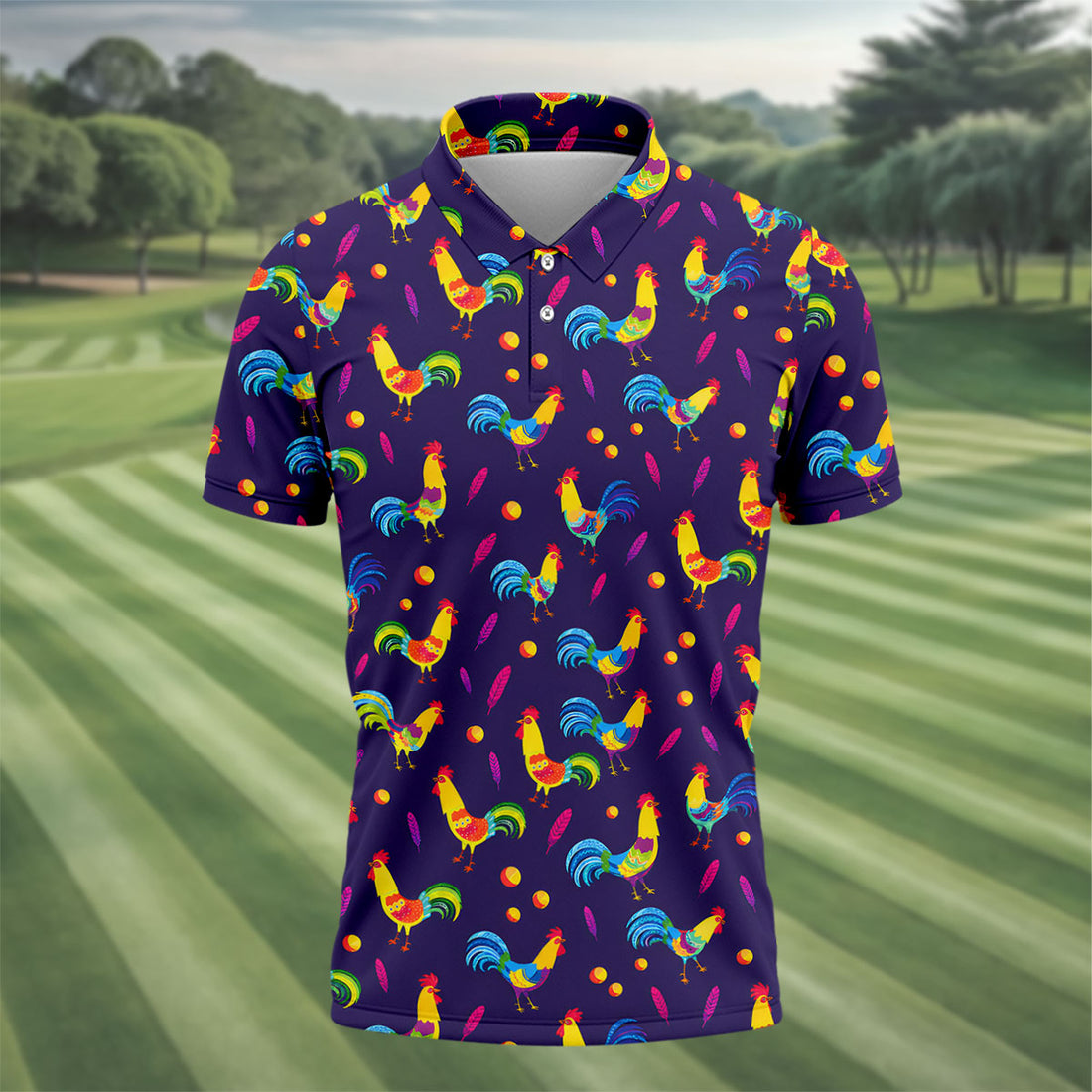 Retro Rooster Golf Shirt, Colorful Country Pattern Polo, Polo Shirts For Men