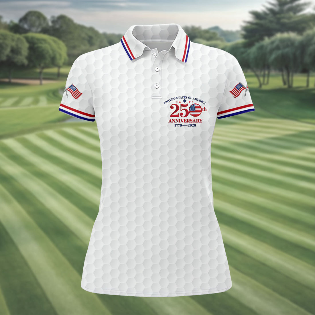 USA 250th Anniversary Golf Ball Pattern White Golf Shirt, 4th Of July Patriotic Golf Shirt For Women