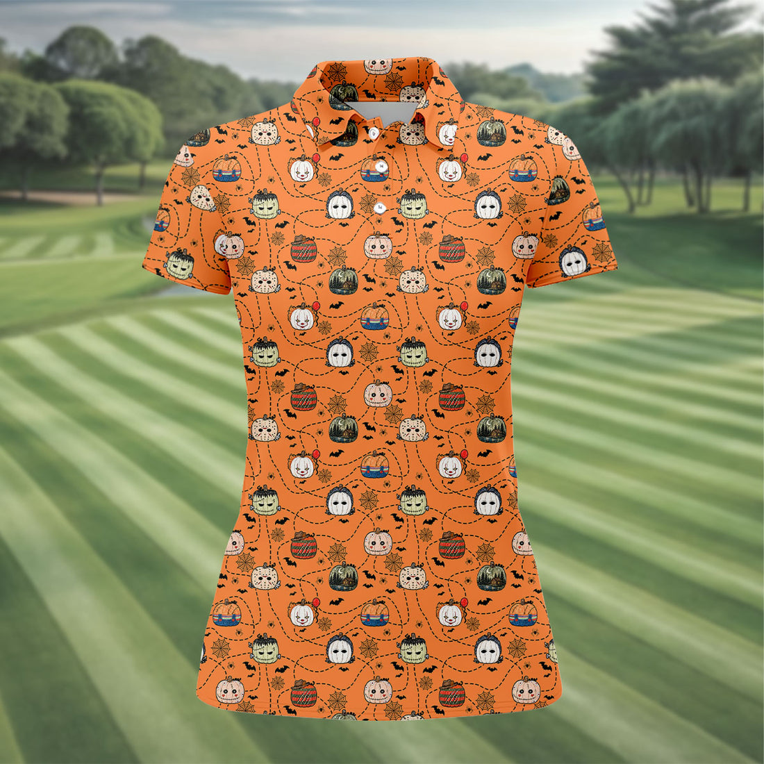 Orange Horror Character Pumpkin Halloween Polo Shirt, Ladies Golf Shirts, Womens Golf Tops