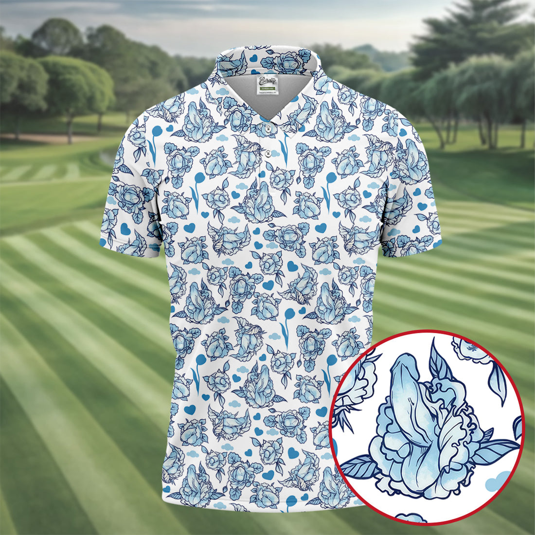 Blue Rose Floral Heart Pattern Golf Shirt, Polo Shirts For Men, Printed Golf Shirts