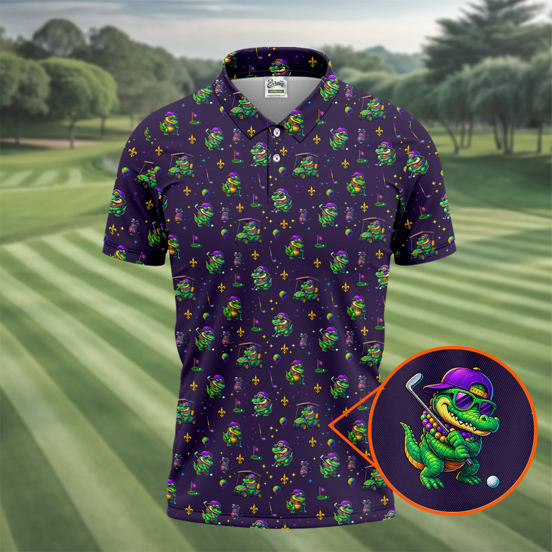 Funny Crocodile Mardi Gras Golf Shirts, Purple Golf Shirt, Golf Gift For Men, Golf Shirts For Men