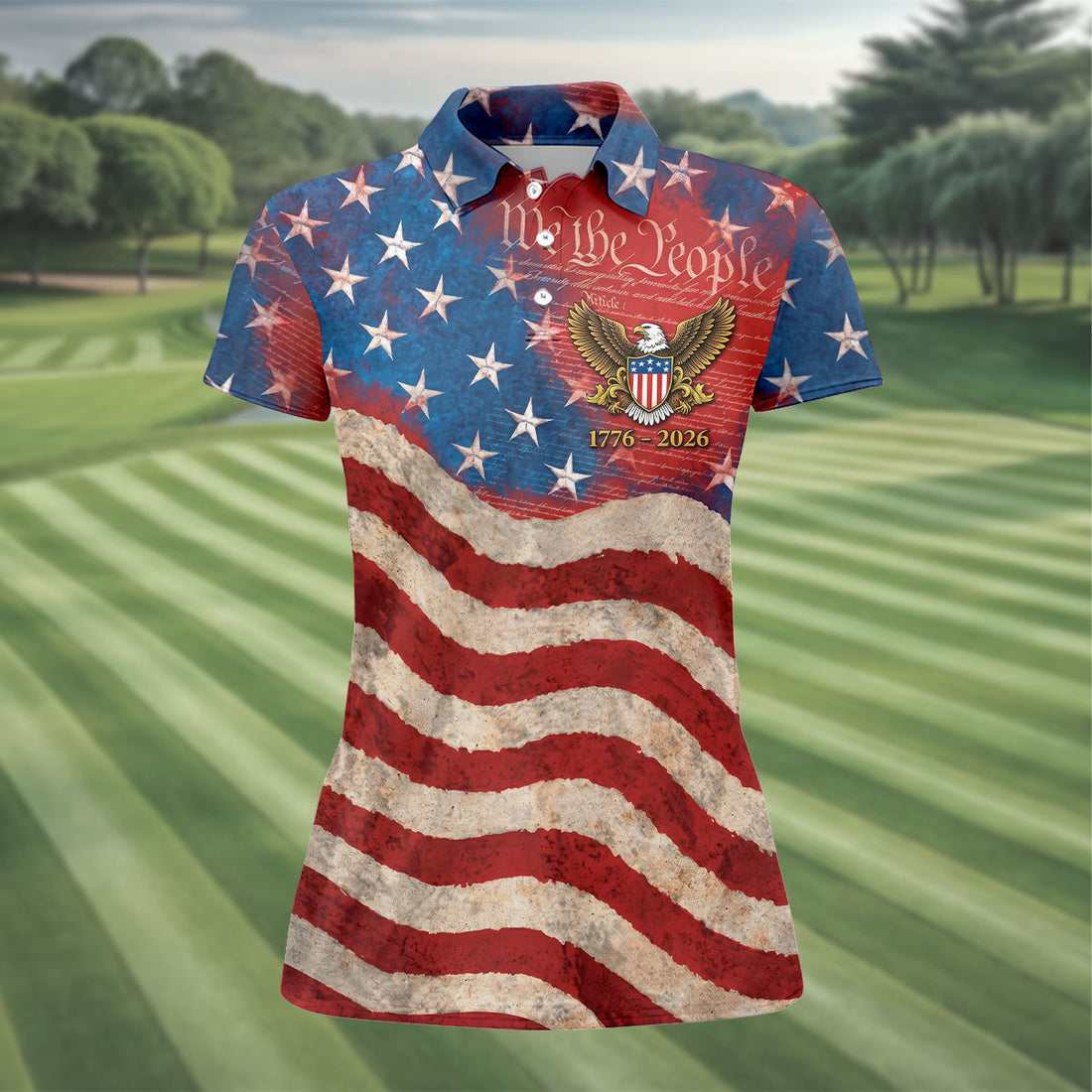We The People Vintage American Flag Women's Golf Shirt, 4th of July Golf Shirt