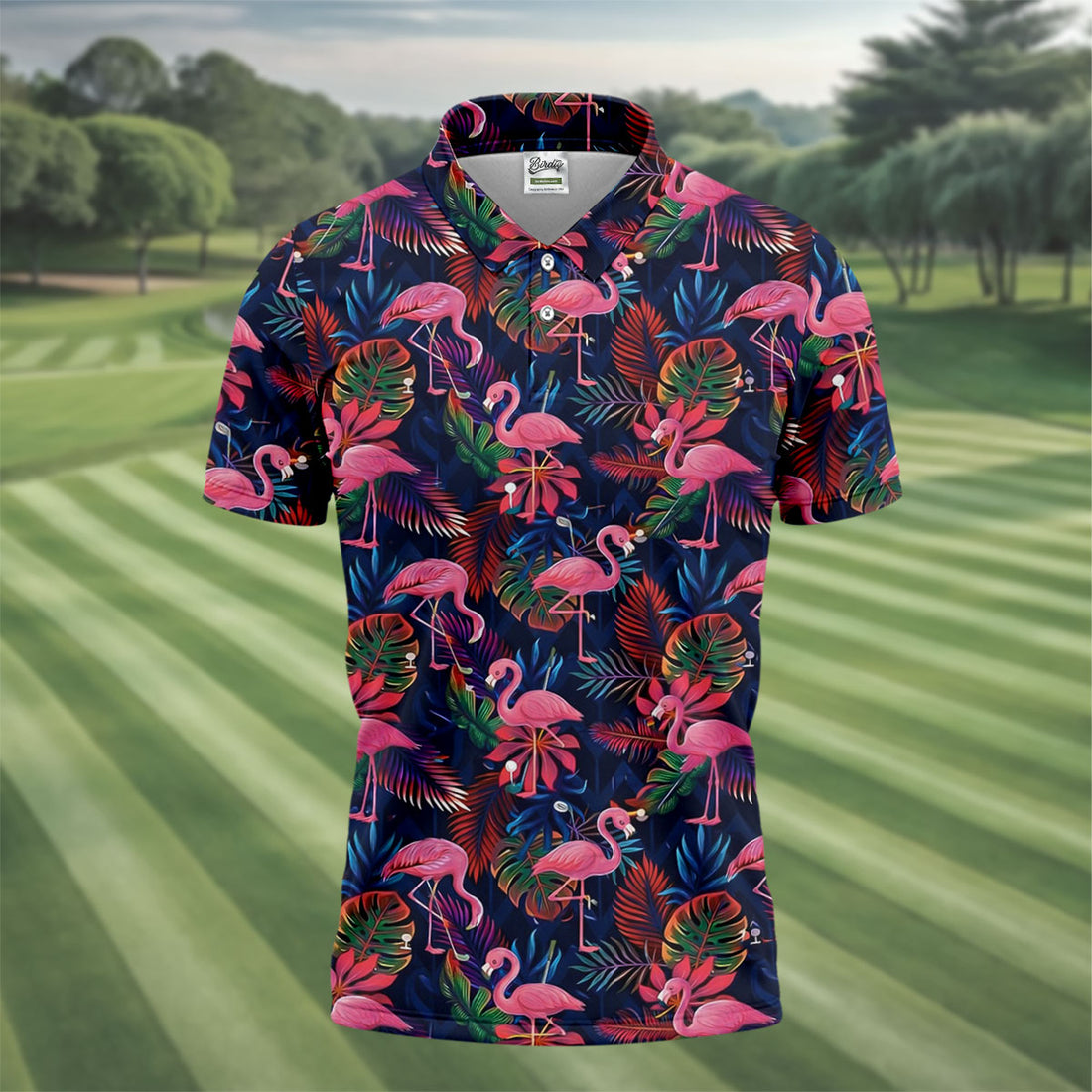 Dark Tropical Pink Flamingo Pattern Golf Shirt, Mens Polo Shirts, Hawaiian Golf Shirt, Printed Golf Shirts