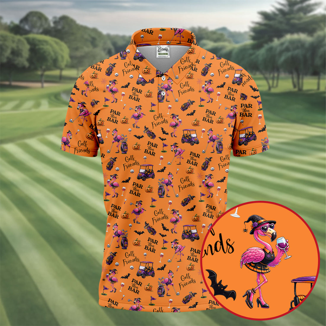 Orange Par Then Bar Flamingo Halloween Shirt, Golf Polo Shirts For Men, Printed Golf Shirts