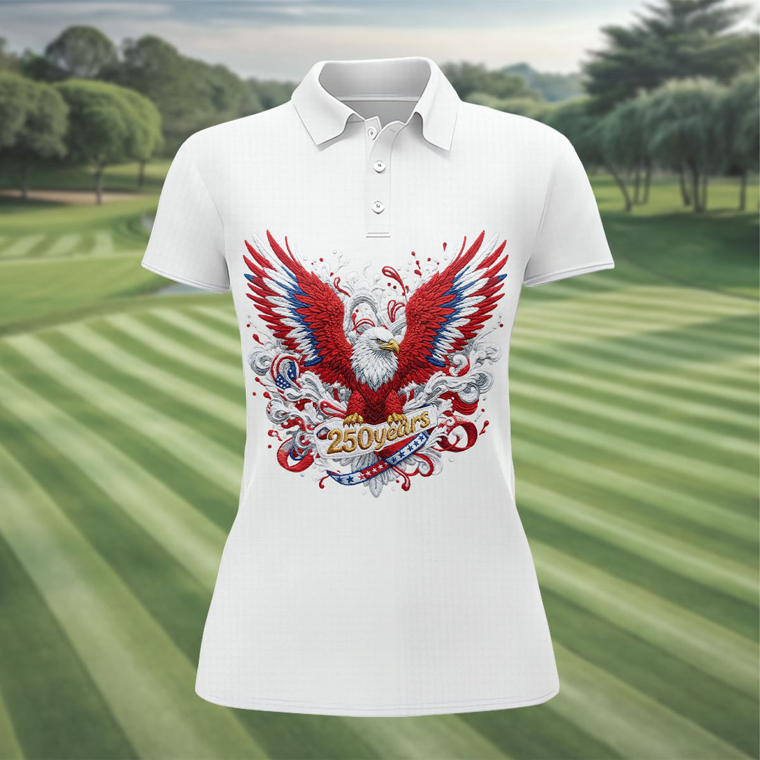 US Bald Eagle Embroidery Effect Patriotic Golf Shirt, 4th Of July Golf Shirt, 250th Anniversary Women Golf Top
