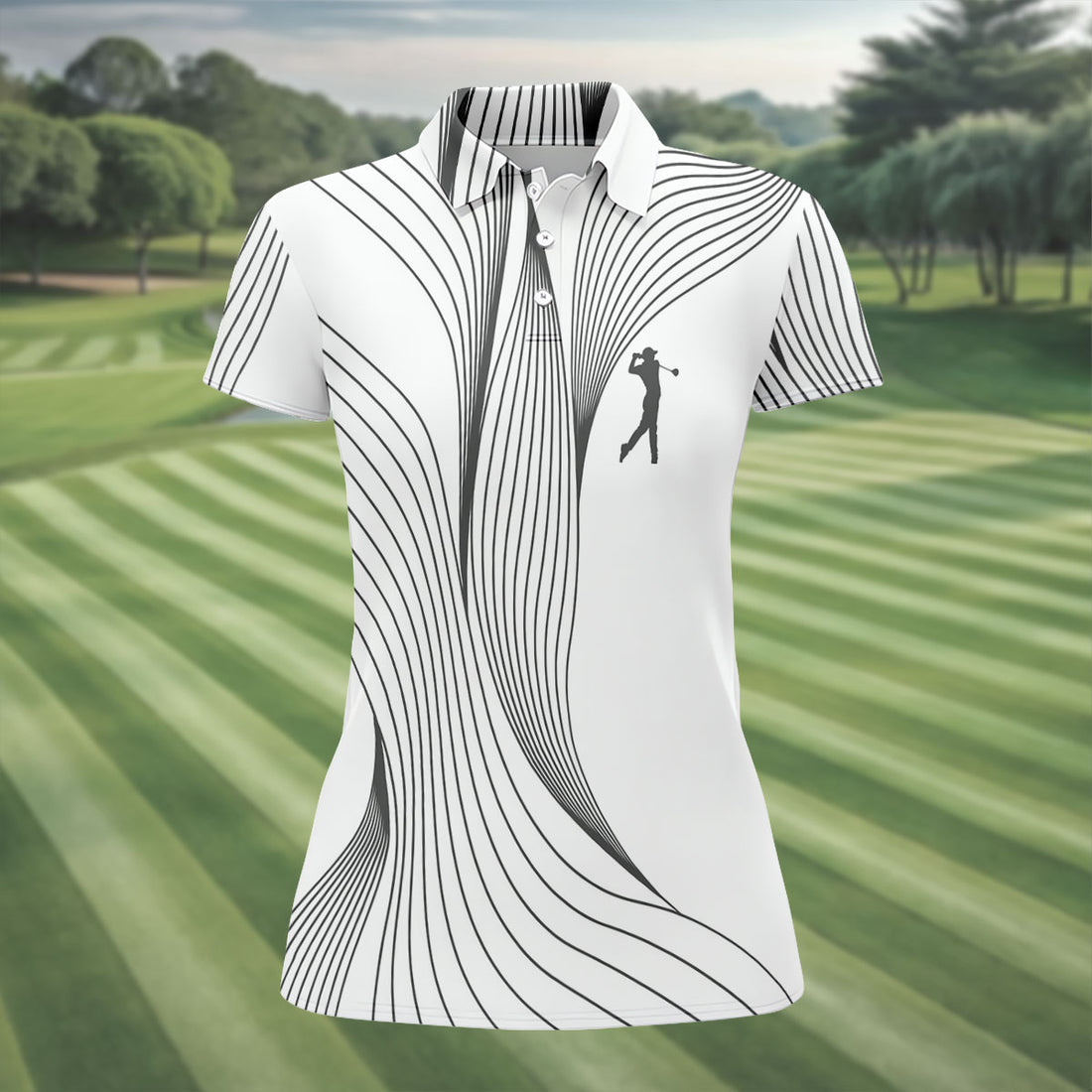 Geometric Line Wavy Line Black And White Women's Golf Tops, Ladies Golf Shirts, Women's Polo Shirt