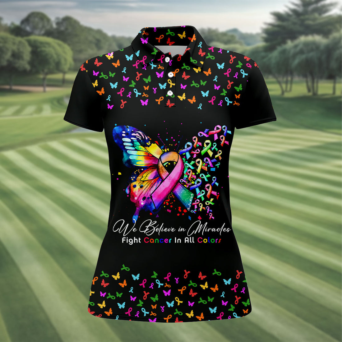 We Believe In Miracles Butterfly Breast Cancer Shirt, Women's Golf Tops, Ladies Golf Top