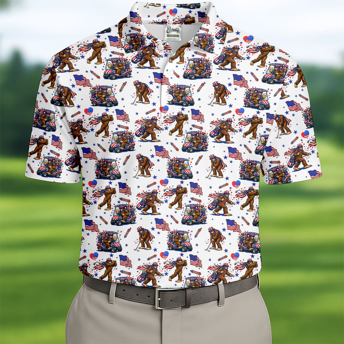 Funny Bigfoot 4th Of July With American Flag Pattern White Golf Shirts For Men, 250th Anniversary Patriotic Golf Shirt