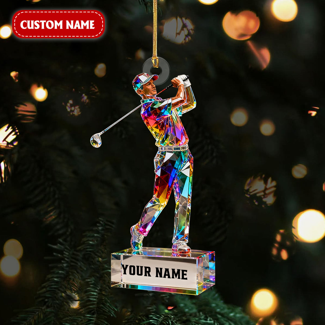 Custom Name Golf Pose Crystal Effect Christmas Acrylic Ornament, Gift For Golf Lover, Xmas Ornament