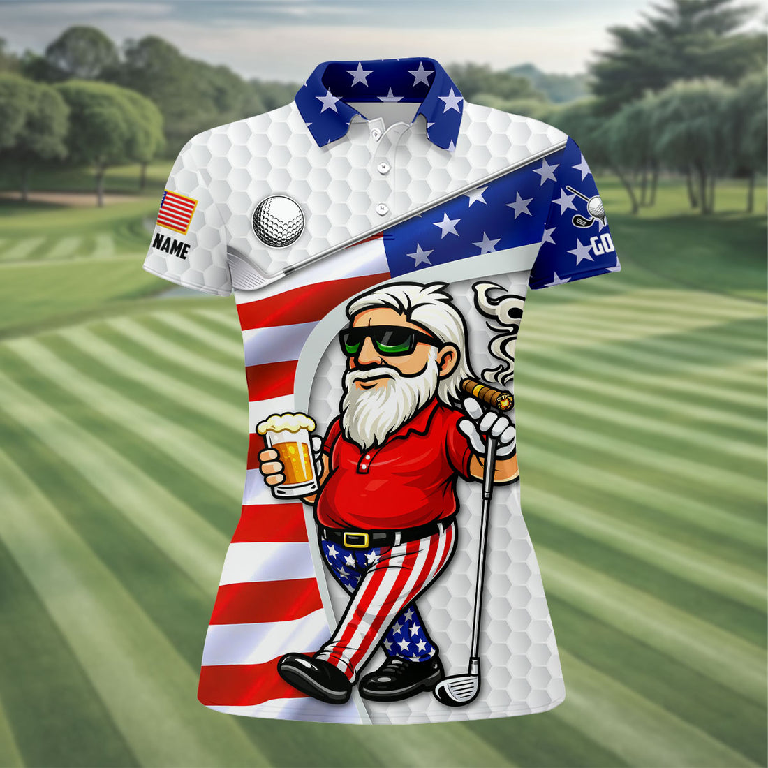 Golf And Beer Patriotic Man Golf Ball Pattern 4th Of July White Golf Shirt, 250th Anniversary Women's Golf Tops