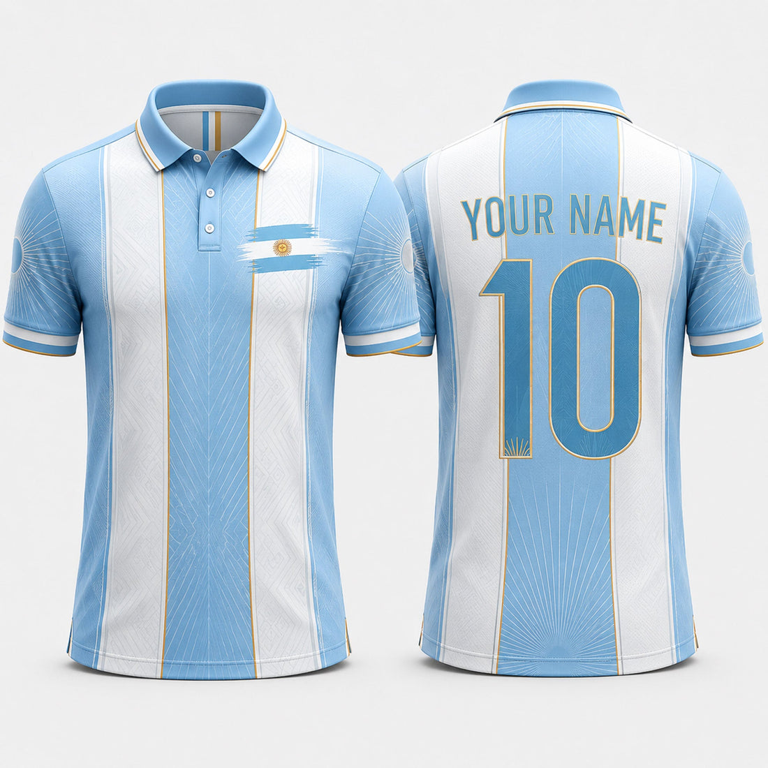 Argentinian Flag Sun Fooball Shirt, White Blue Stripes V-Neck For Men, Football Gifts