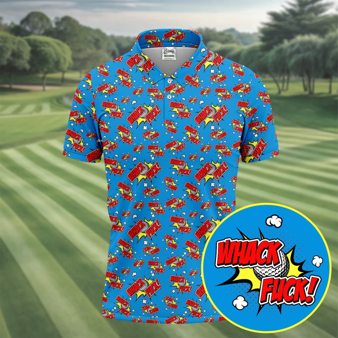 Funny Whack F*ck Comic Golf Ball Blue Polo Shirt, Mens Golf Polo, Golf Apparel For Men