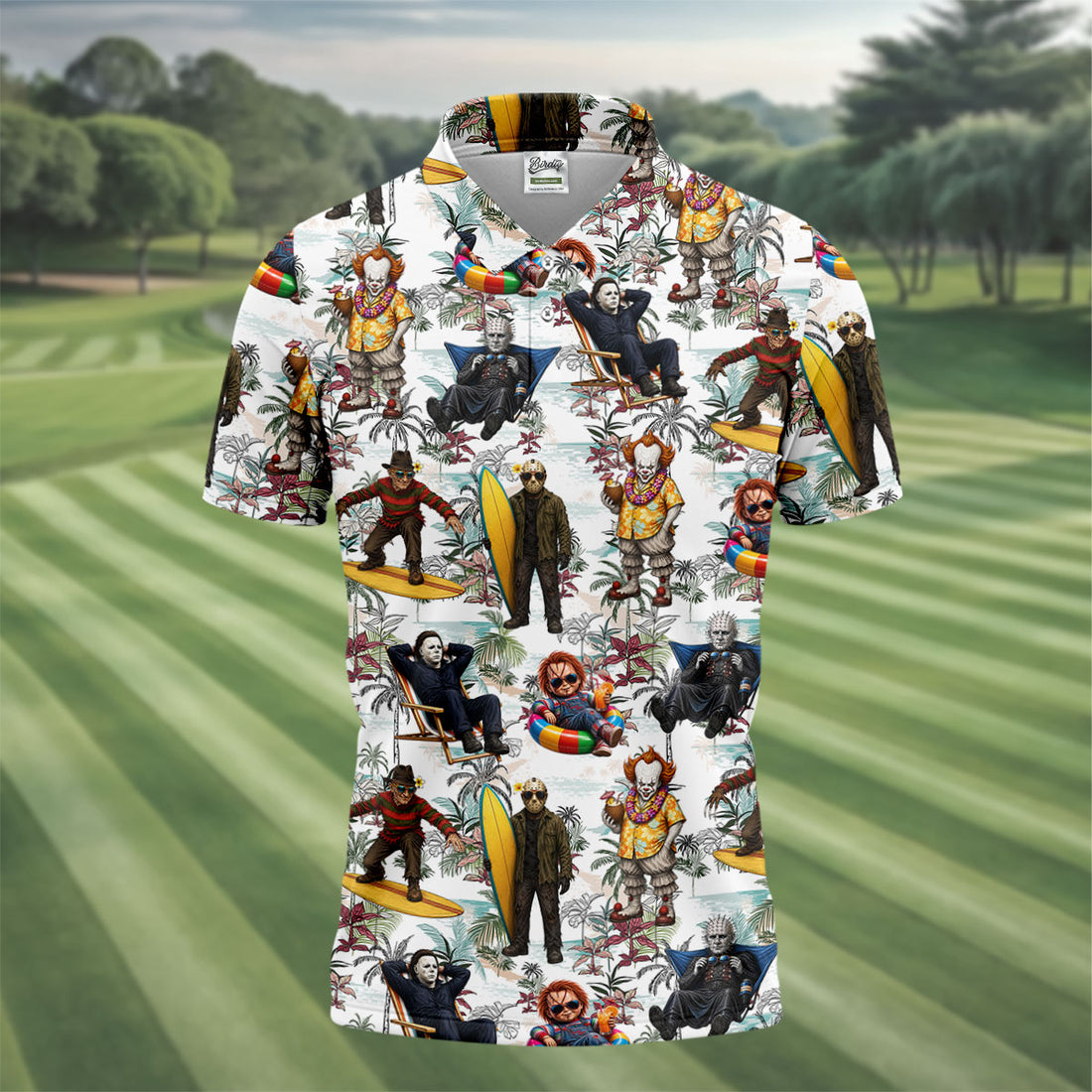 Funny Horror Character Beach Vacation Tropical Hawaiian Polo Shirt, Golf Shirt for Men