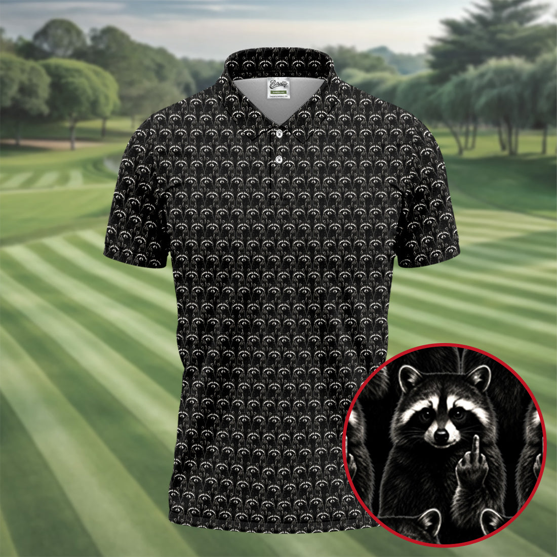Funny Rude Raccoon Middle Finger Black Polo Shirt, Mens Golf Polo, Mens Golf Apparel