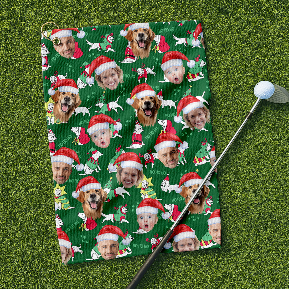 Custom Face Ho Ho Ho Cute White Dog Golf Towels, Christmas Golf Gift, Custom Golf Accessories