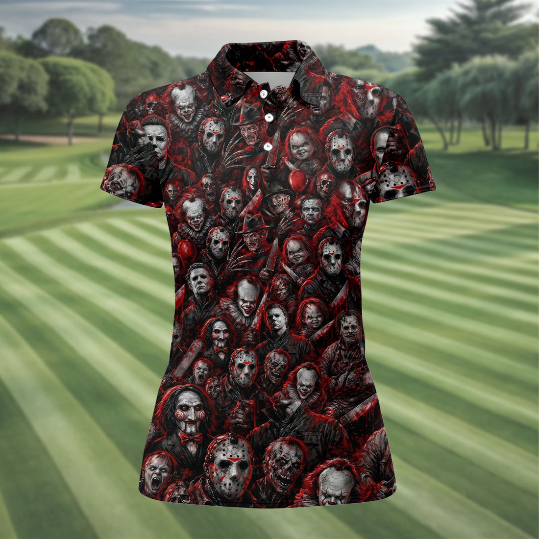 Red Horror Character Clown Collage Halloween Polo Shirt, Womens Golf Tops, Ladies Golf Shirts