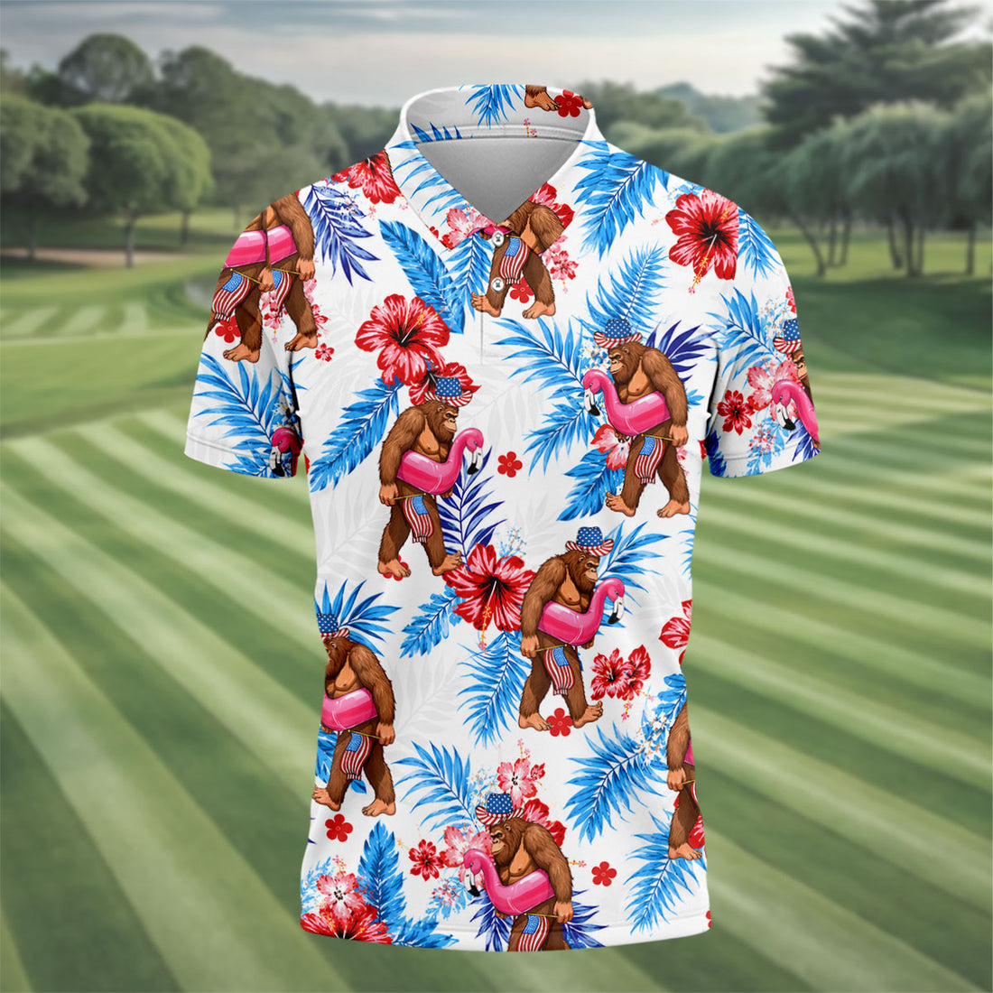 Bigfoot Flamingo Float Tropical Hawaiian Golf Shirt, Hawaiian Golf Shirt, Mens Golf Shirts